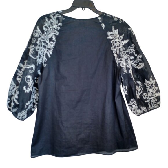 Anthropologie Top Edme & Esyllte Black Embroidered Puff Sleeve Blouse Womens 12 - Picture 7 of 8